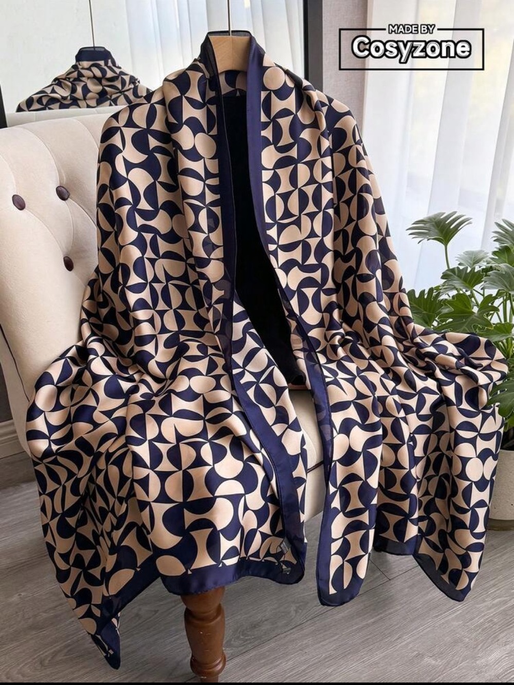 Elegant Geometric Silk Scarf Wrap - Navy & Beige